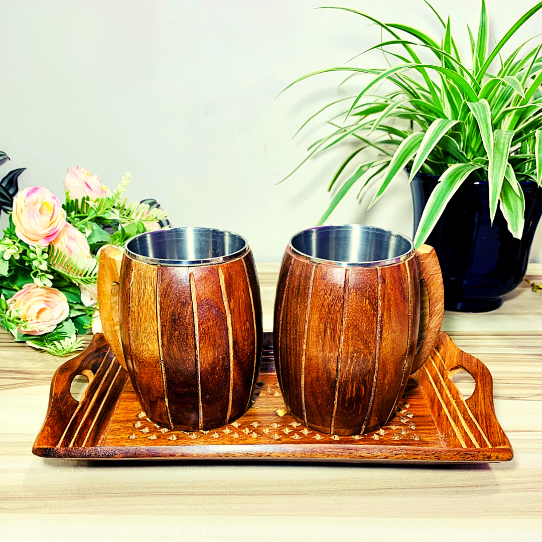 Homefrills Stylish sheesham Wood Tea/Milk/Beer/ Coffee Mug Set with Steel Glass Inner with Carved Design Tray for Dining Table Home Decor Office Gift (2 Mug with Tray,capacity-250 ml) Colour-Brown